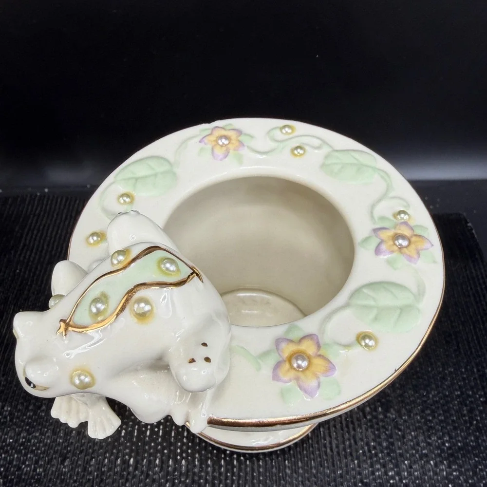 Lenox Porcelain Frog Planter Ivory Gold Trim Faux Pearl Floral Garden Decor READ